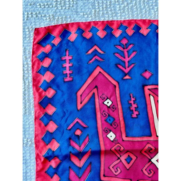 Vintage Silk Scarf Hand Painted Abstract Horse Blue Red 16" Geometric - Picture 5 of 8